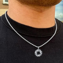 Lattd Sun Necklace 925 Sterling Silver Black Obsidian Sun Pendant Necklaces for Men, w/Stainless Steel Chain 22’’+2’’