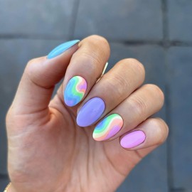 Short Press On Nails Almond Fake Nails Blue Pink Nail Press Ons With Colorful Stripe Designs Full Cover Glue On Nails Short False Nails Artificial Acrylic Stick On Nail For Women 24Pcs