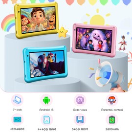 BISAIKASOW Kids Tablet 7 inch, Android 13, 8GB RAM 64GB ROM Expandable, Octa-Core, 5800mAh Battery, Parental Control, WiFi, Dual Camera, Preloaded Educational Apps, with Drop-Proof Case (Blue)