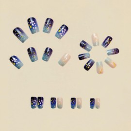 Press on Nails Medium Square Fake Nails Starlit Sky Black False Nails with Artistic Embossed Designs Moon Stars Full Cover Stick on Nails Glue on Nails Acrylic Nails for Women Girls 24 Pcs