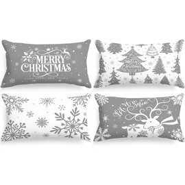Lanpn White and Grey 12x20 Christmas Lumber Pillow Covers Set of 4, Decorative Rectangle Long 12 x 20 Gray Winter Snowflake Throw Pillow Case Xmas Cushion Cover for Indoor House Sofa Grey