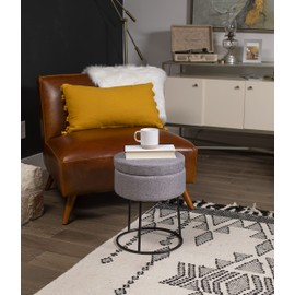 BIRDROCK HOME Grey Linen Storage Stool Ottoman w/Black Metal Leg Base, Soft Compact Padded Seat Footrest, Small Footstool for Living Room Seating, Office, Dorm, Vanity Chair, Bedroom, Couch, Desk