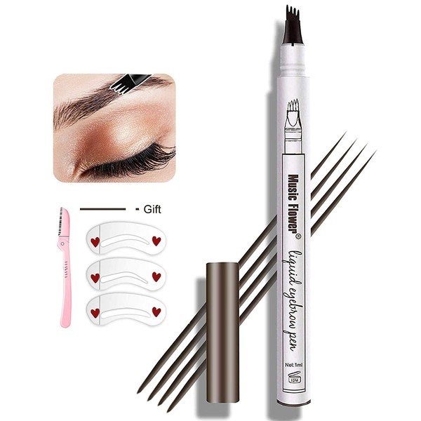Eyebrow Pen,MoonKong 4 Point Eyebrow Pencil Waterproof Eye Brown Makeup,Eyebrow Kits with 3 Eyebrow Stencil,1 Brow Razor(2# Brown)