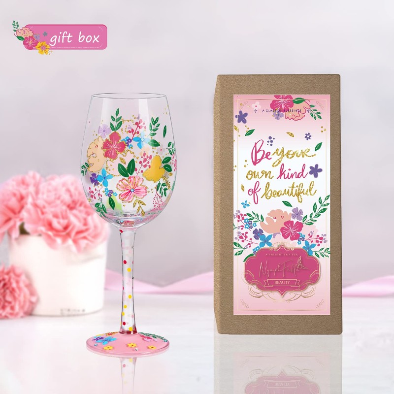 NymphFable Bunte Weingläser Wildblumen Personalisiertes Handgemalt Weinglas Geburtstagsgeschenk für Frauen