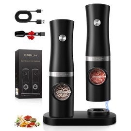 FORLIM Rechargeable Electric Salt and Pepper Grinder Set with Charging Base, Automatic Pepper Mill, Adjustable Coarseness, White LED Light, USB Type-C Cable, One Hand Operation, 2 Mills