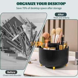 360° Drehbar Make up Organizer, Pinselhalter Kosmetik Aufbewahrung mit 5 Fächern, Aesthetic Schminktisch Organizers für Zimmer Decor Frisiertisch, Schlafzimmer,Badezimmer Organisation (Schwarz)
