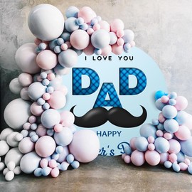 Canessioa Happy Father's Day Round Backdrop Cover I Love You Dad (No Stand) Moustache Hearts Blue Father's Day Party Decorations 7.2ft (220cm) Circle Backdrop Cover Photo Studio Props