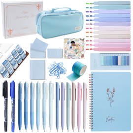 J6&H6 Bible Study Supplies Journaling Kit With Tabs, Highlighters and Color Pens, Notebook,Stickers & More 56pcs Bible Accessories Set for Women, Beginner Christian Gifts.(Blue)