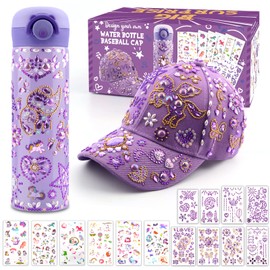 Gifts for Girls DIY Water Bottle and Baseball Cap, Decorate Your Own Water Bottle with Gem & Unicorn Stickers, Christmas Birthday Present Girls Age 4 5 6 7 8 9 10 11 Year Old, Cap & Bottle Craft Kit