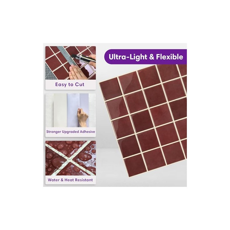 Thicker Dark Red Peel and Stick Backsplash Tiles-10 pcs of