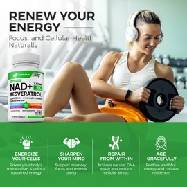 NAD+ Supplement, 1,360mg Max Strength Liposomal | Resveratrol, Quercetin, Green Tea | Cellular Energy & Healthy Aging for Men & Women | 800mg of 100% High Purity NAD+ for Energy, Focus - 90 Capsules