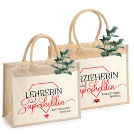 AMBERGER DESIGN by A&M Osterhage amd Personalisierte Jutetasche Lehrer/Erzieher/Hebamme mit Herz Name – Superheldin Motiv Geschenk Abschied Kollegin – Shopper groß Wunschname