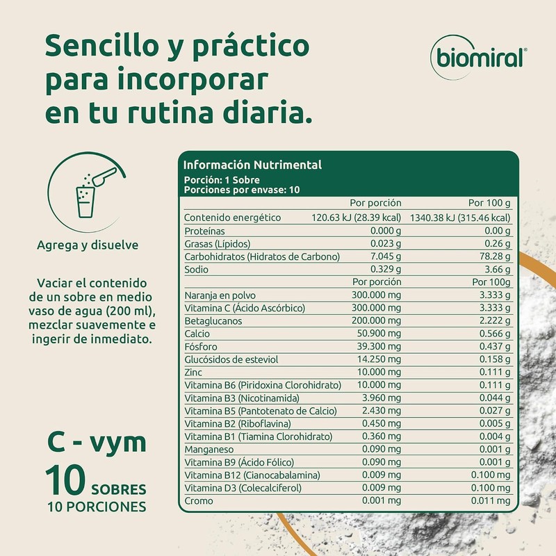Vitamina C Efervescente Biomiral C‑Vym – 11 sobres sin azúcar