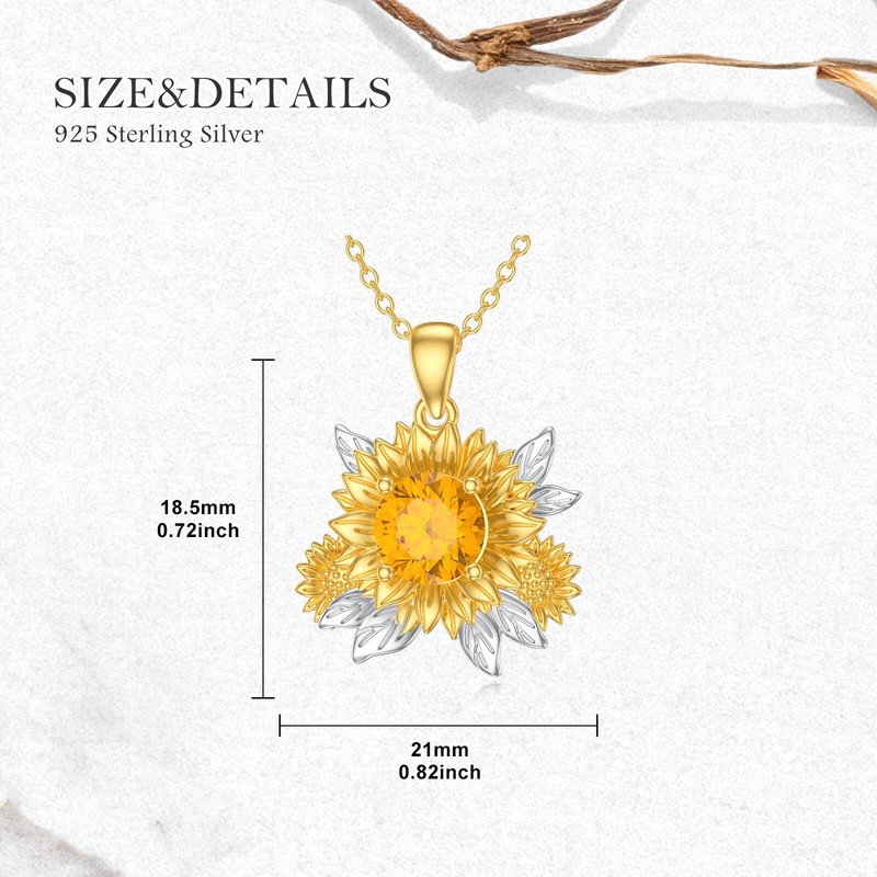 BETHZA Natural Citrine Sunflower Necklace 925 Sterling Silver Gold Plated