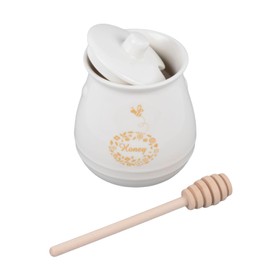 Ceramic Honey Jar with Wooden Dipper,Honey Pot with Dipper and Stand,Bee Decorated Honey Container for Farmhouse Kitchen,Creative Honey Dispenser with Lid(White)