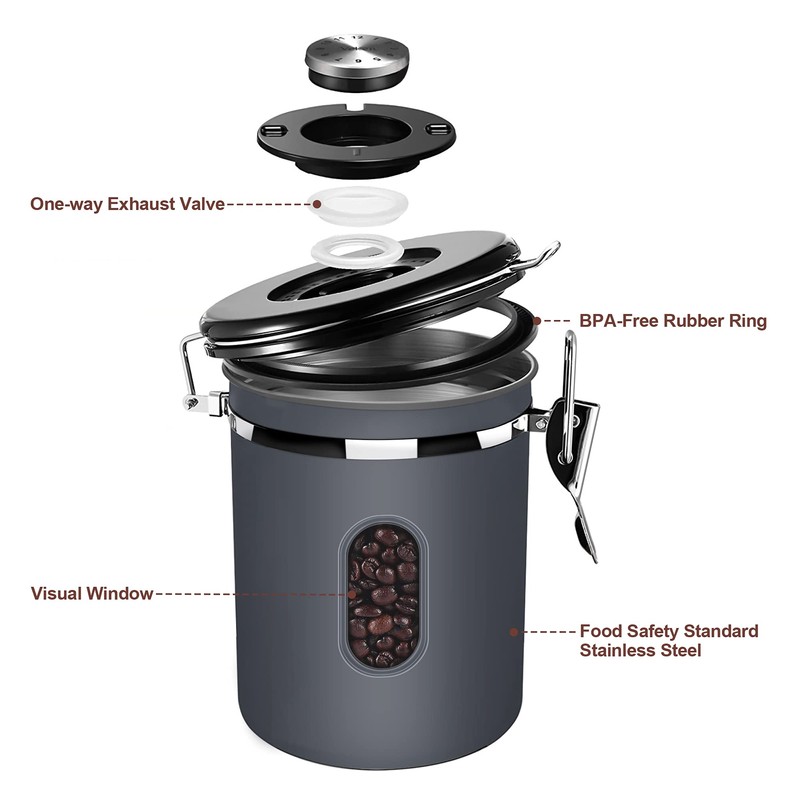 ROCKY&CHAO Airtight Stainless Steel Coffee Canister 1.8 L Coffee Beans