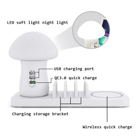 Mignova Mushroom 3-Port USB Hub Dock LED Lamp Desktop Charging Station+Wirele
