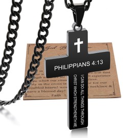 Cross Necklace for Men with Bible Verse, Christian Religious Philippians 4 13 Scripture Baptism First Communion Black Chain Pendant for Boys Jewelry ,Fathers Day Dad 2024 Graduation Gifts for Him