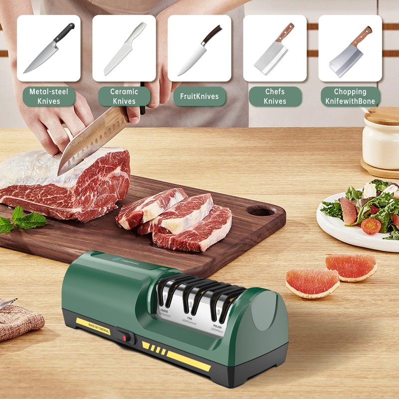 Electric Knife Sharpener for Kitchen, 3-Stage Diamond Abrasive Discs with