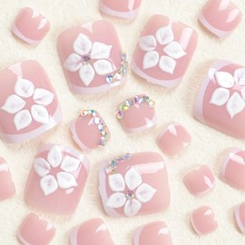 French Tip Press on Toenails White Flower Full Cover Fake Toenails Short Square Summer False Toenails Cute Toe Nails Press ons with Elegant Flowers Design Glossy Toenails for Women Girls 24 Pcs