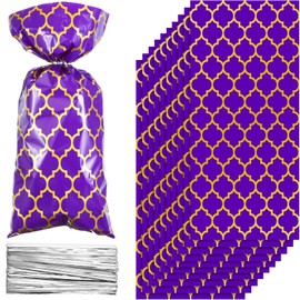 Tenare 100 Pieces Arabian Nights Cellophane Treat Bags, Purple Gold Lattice Plastic Candy Goodie Bags with Twist Ties for Princess Arabian Theme Birthday Favors