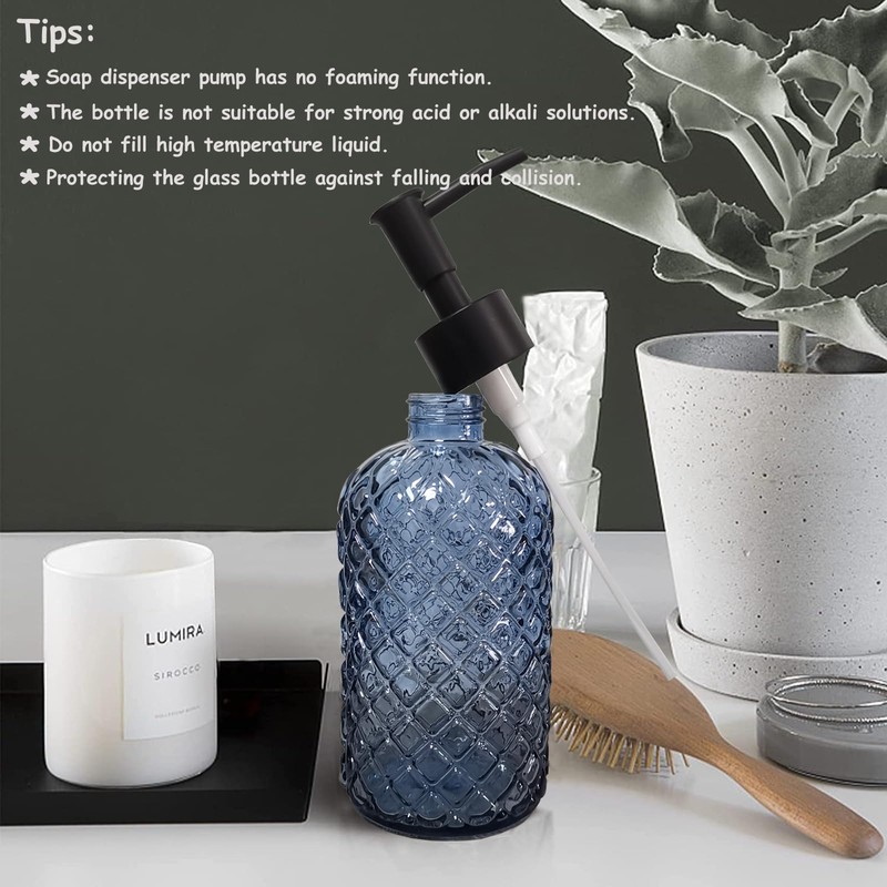 Blue Glass Dish Soap Dispenser for Kitchen, 12oz Refillable Liquid