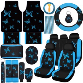 BBTO 47 Pcs Butterfly Car Seat Full Set Butterfly Car Accessories for Women 5 Front Rear Seat Covers Wrist Strap 2 Pieces Cup Mat Armrest Pad 2 Belt Cover Accessories for SUV(Lake Blue)