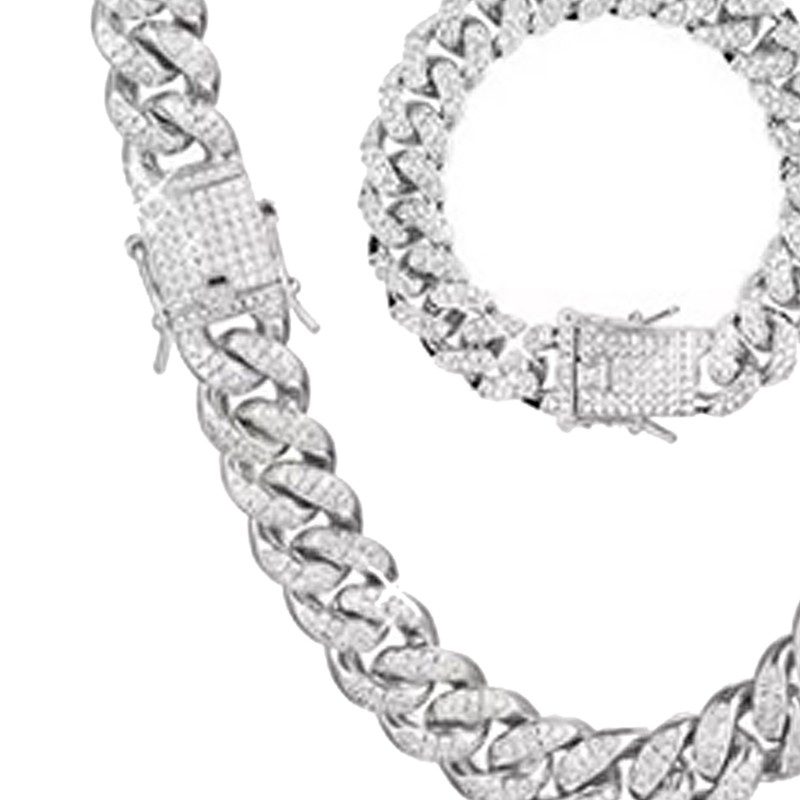 2Pcs Cuban Link Chain Rhinestone Necklace Bracelet Set Gift for