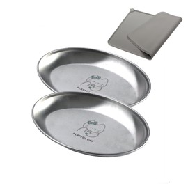 SHENGOCASE 2-Pack 7.3" Extra Wide Oval Shallow Cat Food Bowls Dish with Large Mat, Cute 304 Stainless Steel Anti Whisker Fatigue Cat Plate,Whisker Friendly & Relief Plate (with Mat)