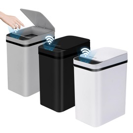 3 Pack Bathroom Trash Can with Lid, 2.5 Gallon Small Slim Trashcan, Automatic Trash Can Touchless, Motion Sensor Waterproof Plastic Trash Bin for Bedroom Kitchen Office Living Room (Black+Gray+White)