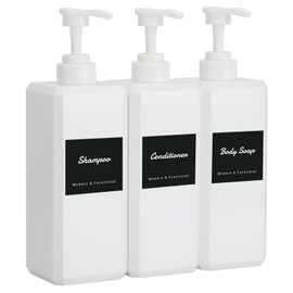 Segus Shower Soap Dispenser, 3 Pieces 800ml Shampoo and Conditioner Bottles, Empty Hand Soap Dispenser, Dish Soap Dispenser in Plastic, Soap Dispenser Set with Labels (White)
