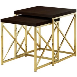 Monarch Specialties I TABLE-2PCS Set/Cappuccino/Gold Metal NESTING TABLE, Brown