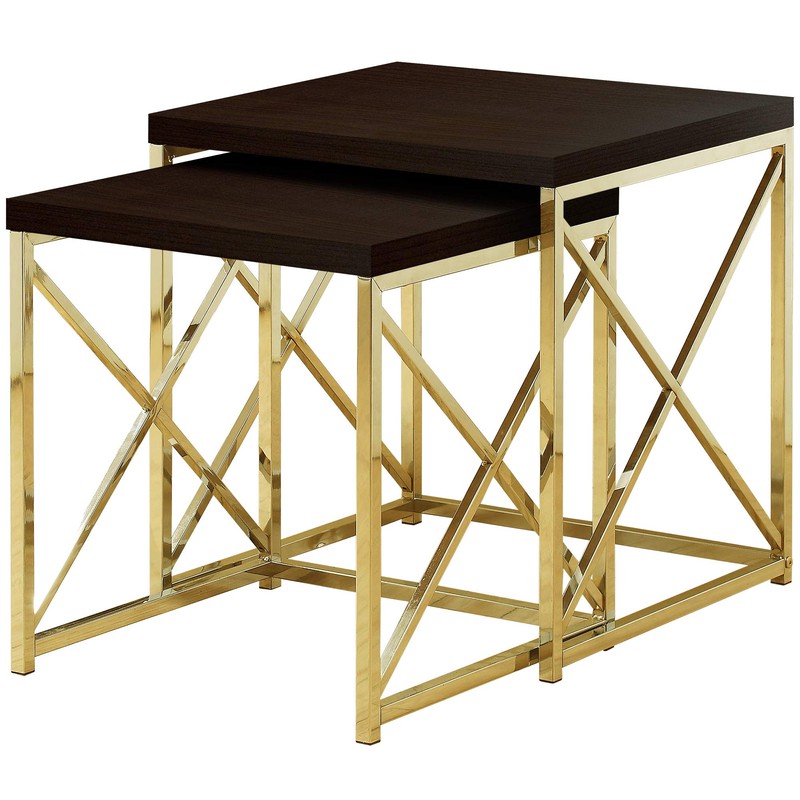 Monarch Specialties I TABLE-2PCS Set/Cappuccino/Gold Metal NESTING TABLE, Brown