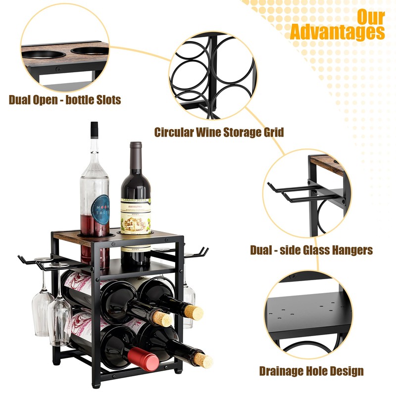 KLM Wine Rack Countertop, 6 Bottle 4 Glass Holder, Modern