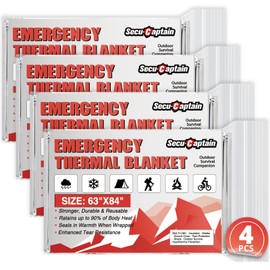 SecuCaptain Survival Emergency Thermal Blankets: Extra Large 84” x63” Space Mylar Blanket Kit for Outdoor Cold Winter Camping Hiking Car Bug Out Bag or First Aid - 4 Pack
