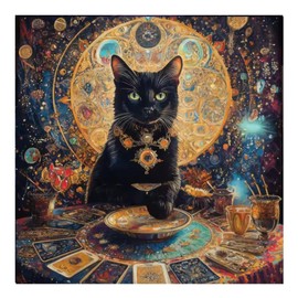 AiO JAPAN Tarot Cloth, Black Magic Cat and Purple Moon Cat, 3.0 x 2.9 inches (75 x 75 cm), Black Cat Divination Tablecloth, Rug, Placemat (Black Circle Alcanam)