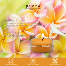 pajoma® Tea Lights Pack of 8, Mango Orange | 64 Scented Tea Lights in Polycarbonate Case, Burning Time Approx. 4 Hours - Height 1.5 cm Diameter 3.5 cm | Premium Quality | Decoration, Catering,