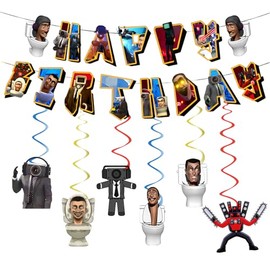 14Pcs Toilet Man Birthday Decorations Skibidi Bunting Garland and Hanging Decoration for Kids Birthday Toilet Man Happy Birthday Banner,Hanging Swirls Theme Birthday Party Decor