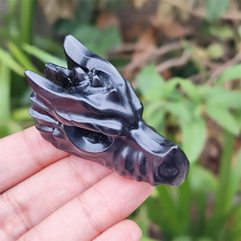 TEAMWILL 2" Natural Obsidian Crystal Dragon Head Statue Realistic Black