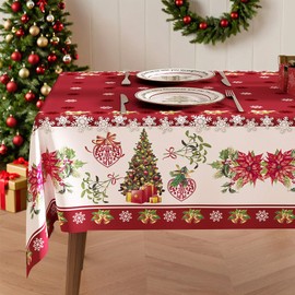 Table Cloth for Rectangle Table, Waterproof and Oil-Proof Vinyl Christmas Tablecloth, Wash-Free Tablecloth with Flannel Backing for Christmas Decoration (Snowflake 55×110 Inches, Seats 8-10)