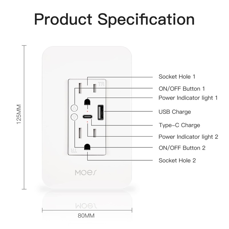 MOES Smart USB Wall Outlet Receptacle with Type-C & Type-A