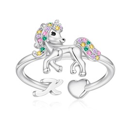 Valentines Day Gifts for Girls, Heart Silver Rings for Girls Unicorn Initial Rings for Teen Girls Gifts Adjustable Heart Rings Silver Unicorn Rings for Girls Teen Girl Gifts Unicorn Gifts (Letter K)