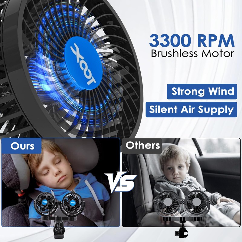 XOOL Clip Car Fan, Adjustable Dual Head 4 Inches 12V