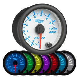 GlowShift White 7 Color 10,000 RPM Tachometer Gauge - for 1-10 Cylinder Gas Powered Engines - White Dial - Clear Lens - 2-1/16" 52mm