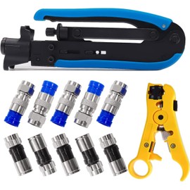 mxuteuk Coaxial Compression Tool Kit Adjustable RG6 RG59 RG11 75-5 75-7 Coax Cable Crimper Kit with 10Pcs F Style RG6 Compression Connectors G025-BU/G026-Y