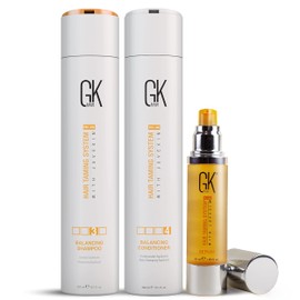 GK Hair Global Keratin Balancing Shampoo and Conditioner 300ml Set & Organic Argan Oil Hair Serum 50ml For Frizz Control Dry Damage Hair Repair