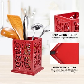jogreful Kitchen Utensil Holder Cooking Utensil Organizer Vintage Decorative Cast Iron Utensil Holder for Countertop Cooking Tools- Red Utensil Crock