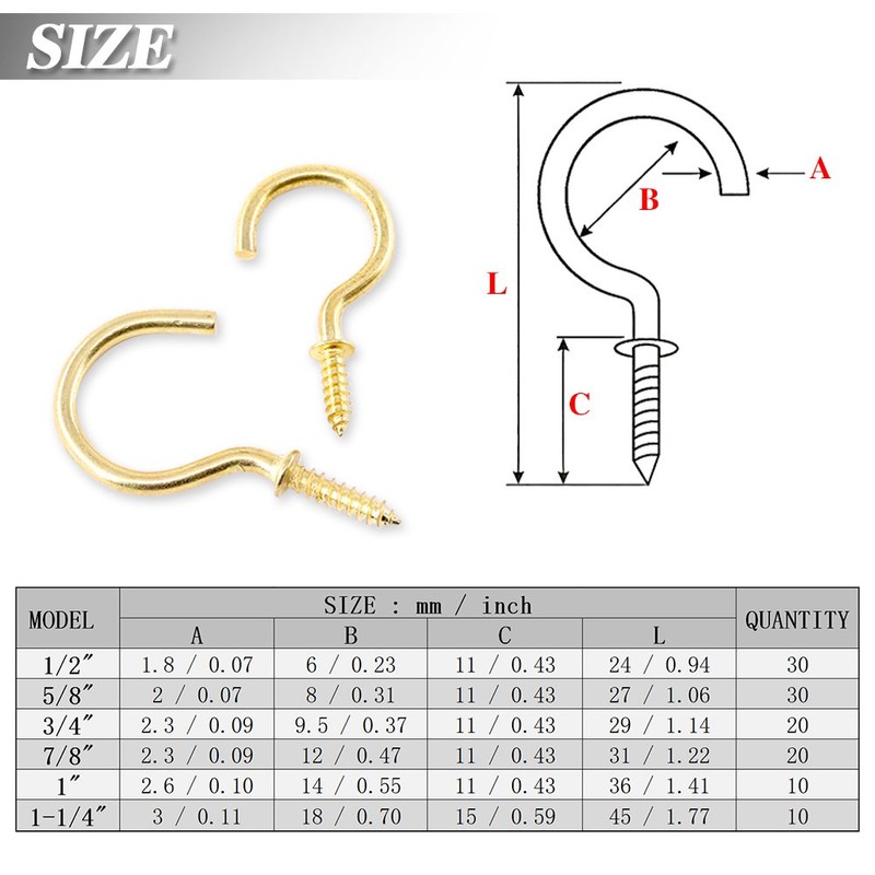 120Pcs 6 Sizes Metal Screw-in Ceiling Hooks Cup Hooks Kit,