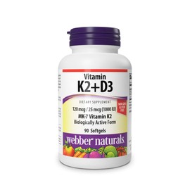 Webber Naturals Vitamin K2 MK-7 (120 mcg) with Vitamin D3 (1,000 IU), 90 Softgels, Supports Bones, Teeth, and Cardiovascular System, Vitamin Supplement, Gluten Free and Non-GMO