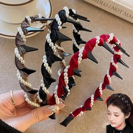 Vintage Diadema Trenzada，Cráneo Alto Diadema De Perlas，Elegantes Antideslizante Diadema De Garra，para Mujeres Niñas Salidas Diarias Bodas Y Celebracio